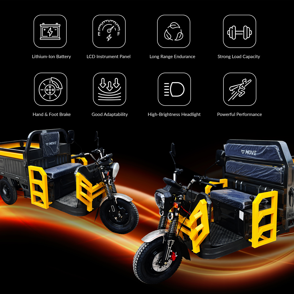 MOVE EVO series electric cargo tricycle key features lithium battery long range 1000kg payload dual brake LED headlight Malaysia