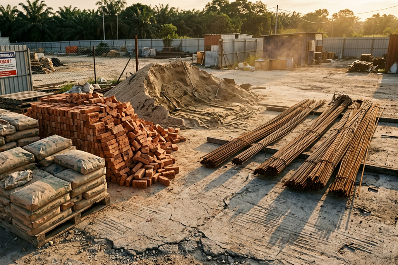 cargo tricycle construction materials Malaysia cement bags bricks at site entrance