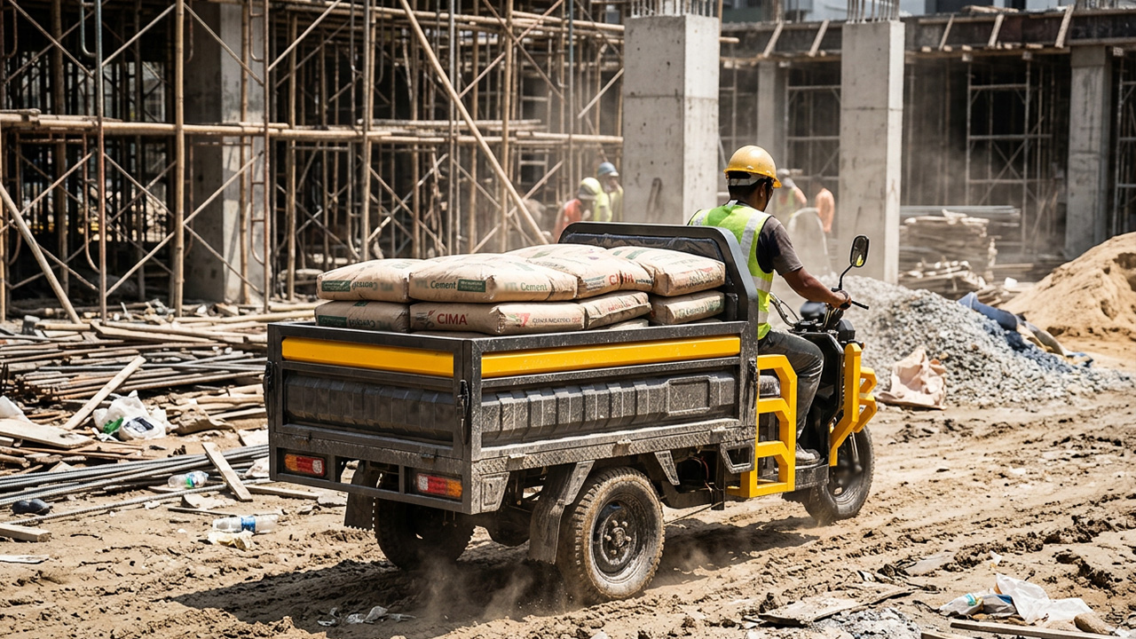 MOVE electric cargo tricycle construction site Malaysia carrying building materials
