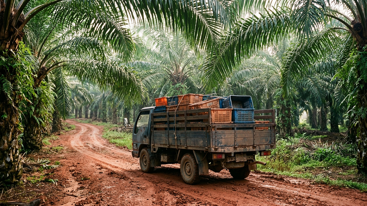 diesel-price-malaysia-2026-plantation-operators Diesel cargo truck carrying crates through oil palm plantation on dirt road in Malaysia